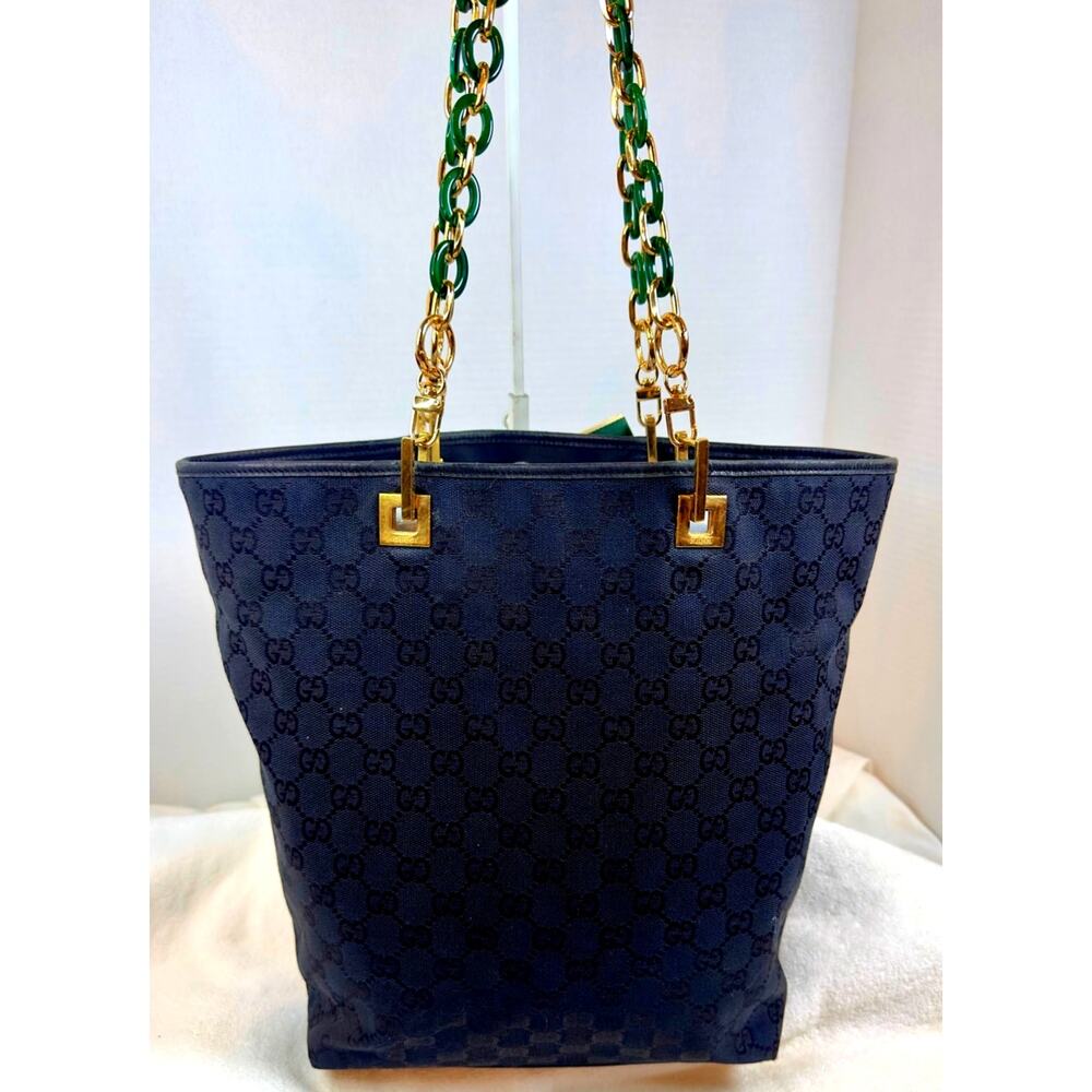 Gucci GG Jacquard Navy Blue Canvas Tote Bag Gold Hardware